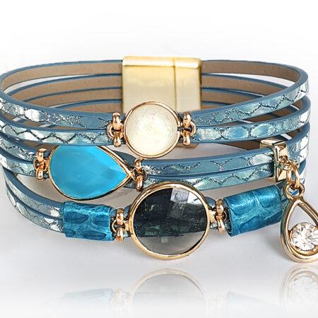 Világoskék luxury többszálas női bőr karkötő