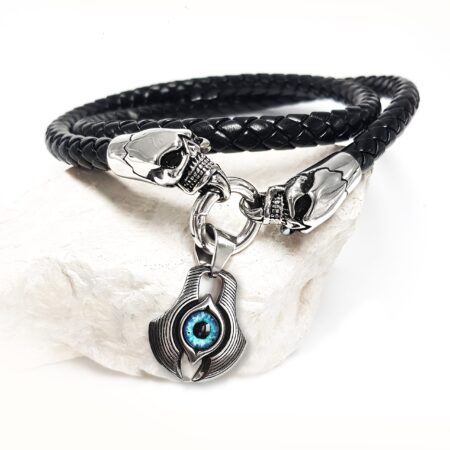 Kék sárkányszem skullfejes férfi bőr nyaklánc