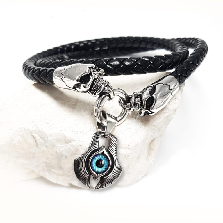 Kék sárkányszem skullfejes férfi bőr nyaklánc
