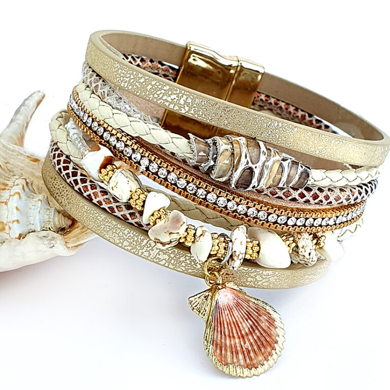 Kagylós drapp női bőr karkötő