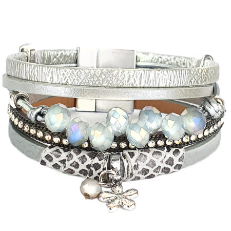 Szürke fazettált gyöngyös  női bőr karkötő