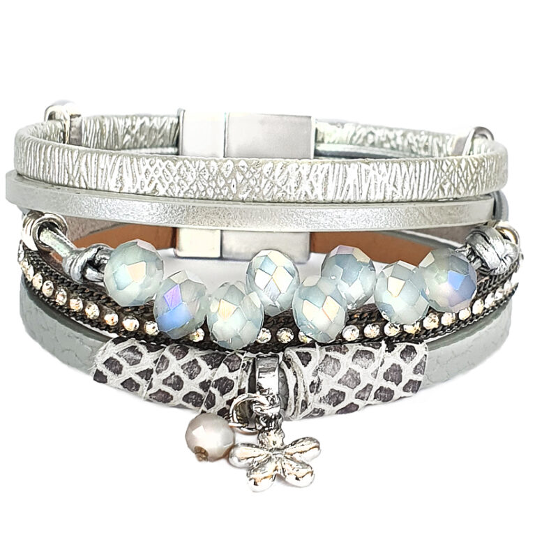 Szürke fazettált gyöngyös  női bőr karkötő