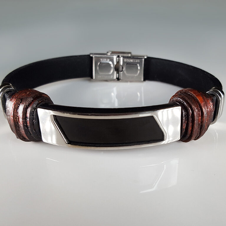 Nemesacél-kaucsuk bőrgyöngyös férfi karkötő