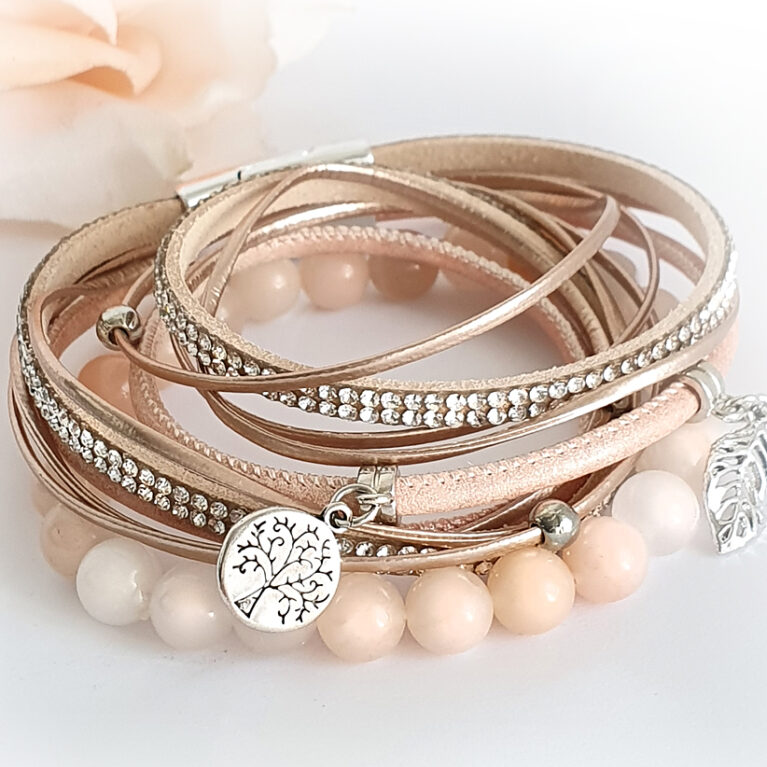 Beige többszálas bőr-aventurin karkötő