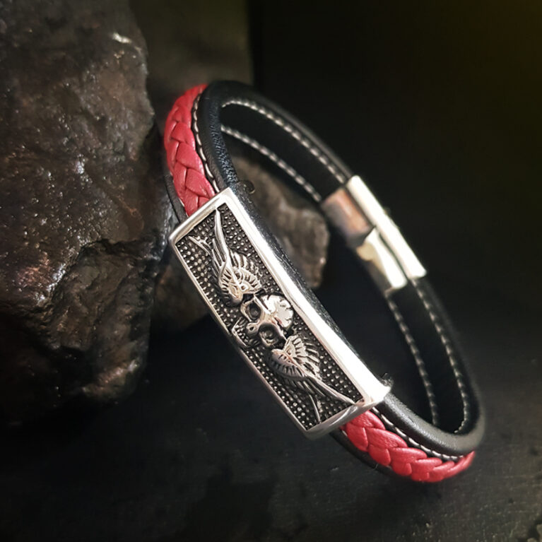 Skullszárnyas piros-fekete férfi bőr kar...