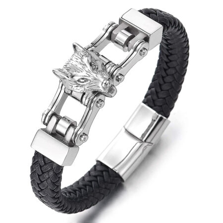Bikers farkas fekete bőr férfi karkötő